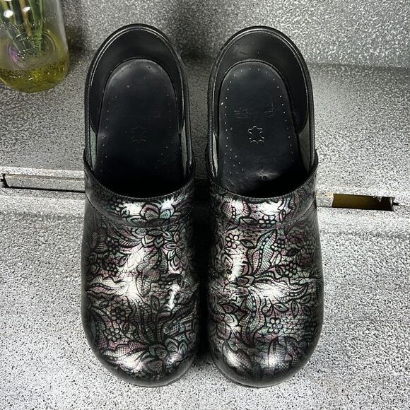 Dansko Leather Metallic Floral Clogs Mules Professional Shoes EU 42 US 11.5 - Picture 2 of 9